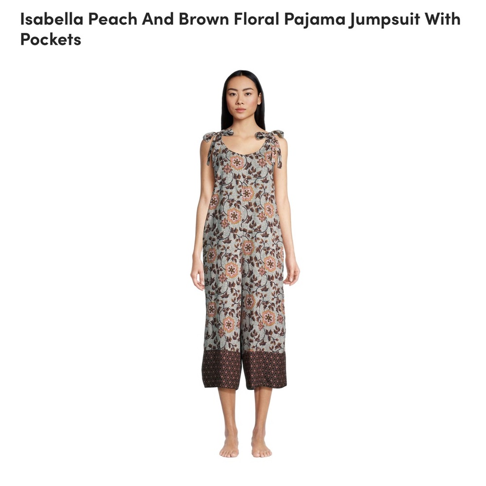 World Market Isabella Peach And Brown Floral Pajama Jumpsuit With Pockets S/M